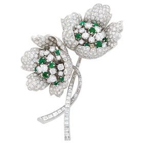Platinum, Diamond and Emerald Flower Clip-Brooch