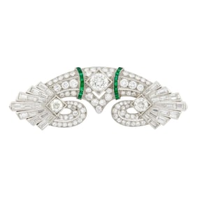 Platinum, Diamond and Simulated Emerald Brooch
