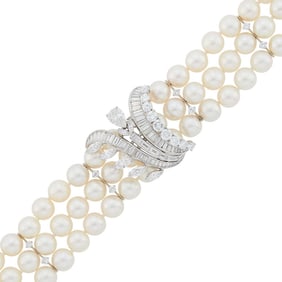 Triple Strand Cultured Pearl, Platinum and Diamond Bracelet