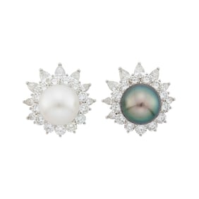 Pair of Platinum, South Sea and Tahitian Gray Cultured Pearl and Diamond Earrings