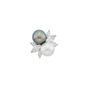 Platinum, South Sea and Tahitian Gray Cultured Pearl and Diamond Ring