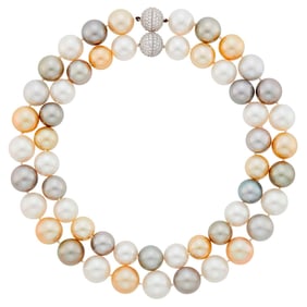 Cartier Pair of Multicolored South Sea Cultured Pearl Necklaces with White Gold and Diamond Ball