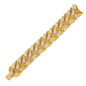 Wide Gold, Platinum and Diamond Leaf Bracelet, France