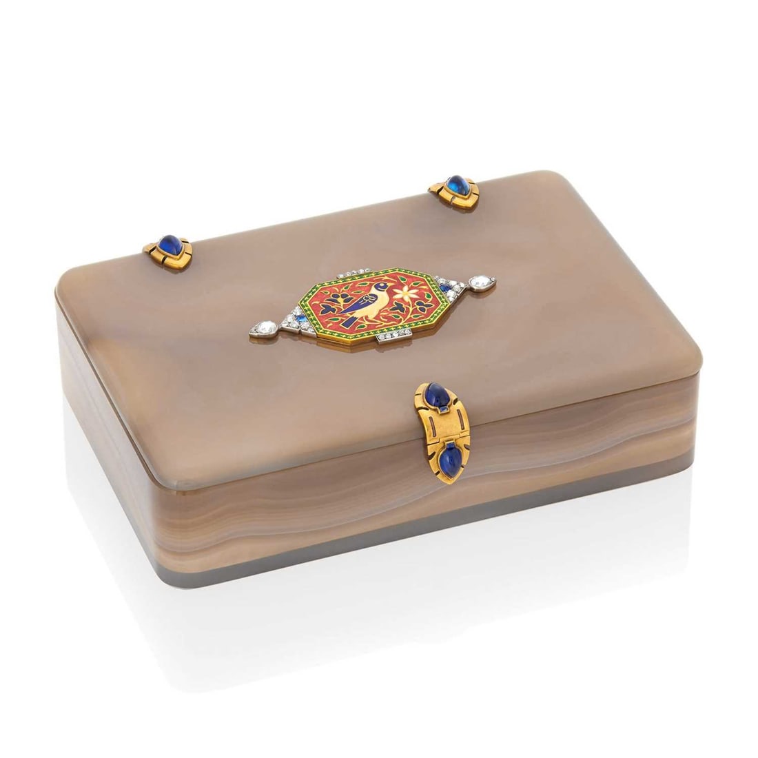 Cartier Agate, Gold, Platinum, Diamond, Cabochon Sapphire and Enamel Case, France: 18 kt., the gray agate case with palm-leaf design gold hinges of 6 cabochon pear-shaped sapphires, 6 small rectangular and square sugar loaf cabochon sapphires, the central modified octagonal panel ap