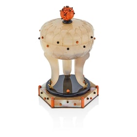 Cartier Circular Covered Chalcedony, Black Onyx, Mother-of-Pearl, Coral, Gold and Silver Vessel