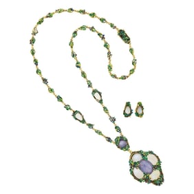 Louis Comfort Tiffany Gold, Star Sapphire, Moonstone and Enamel Pendant-Necklace and Pair of