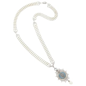 E. M. Gattle & Co. Belle Epoque Seed Pearl, Platinum, Diamond, Guilloché Blue Enamel and