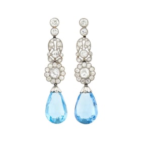 Pair of Belle Epoque Platinum, Diamond and Aquamarine Briolette Pendant-Earrings