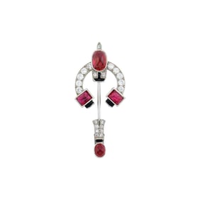 Cartier Platinum, Cabochon Ruby, Black Onyx and Diamond Jabot, France