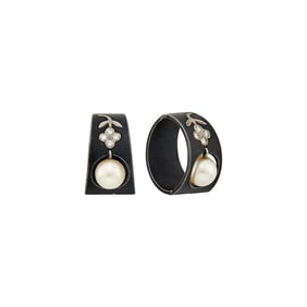 Marsh & Co. Pair of Oxidized Steel, White Gold, Cultured Pearl and Diamond Hoop Earclips