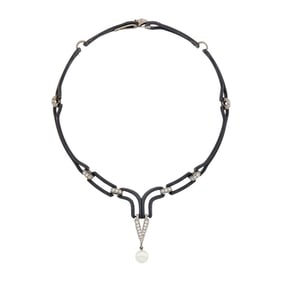 Marsh & Co. Oxidized Steel, White Gold, Diamond and Cultured Pearl Necklace with Extender