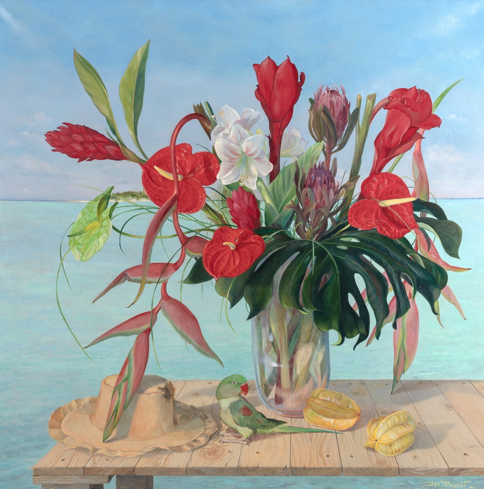 Dan Poncet: French, b. 1953 Carribean Still Life, 1997 Signed and dated Dan . Poncet 97 (lr) Oil on canvas 46 3/4 x 46 3/4 inches (118.7 x 118.7 cm) (Framed 59 x 59 inches)