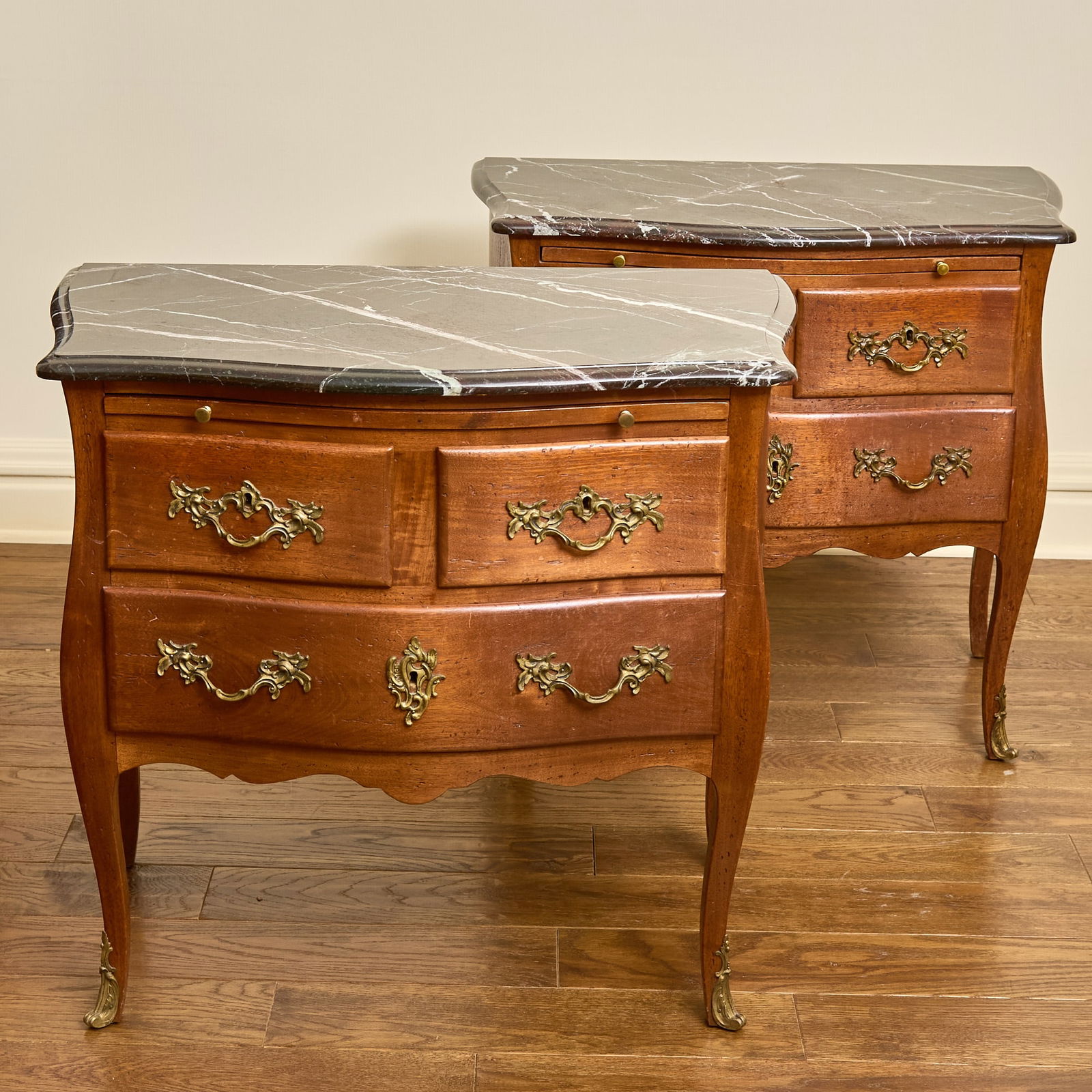 Pair of Louis XV Style Marble Top Oak Bedside Commodes (1 of 3)