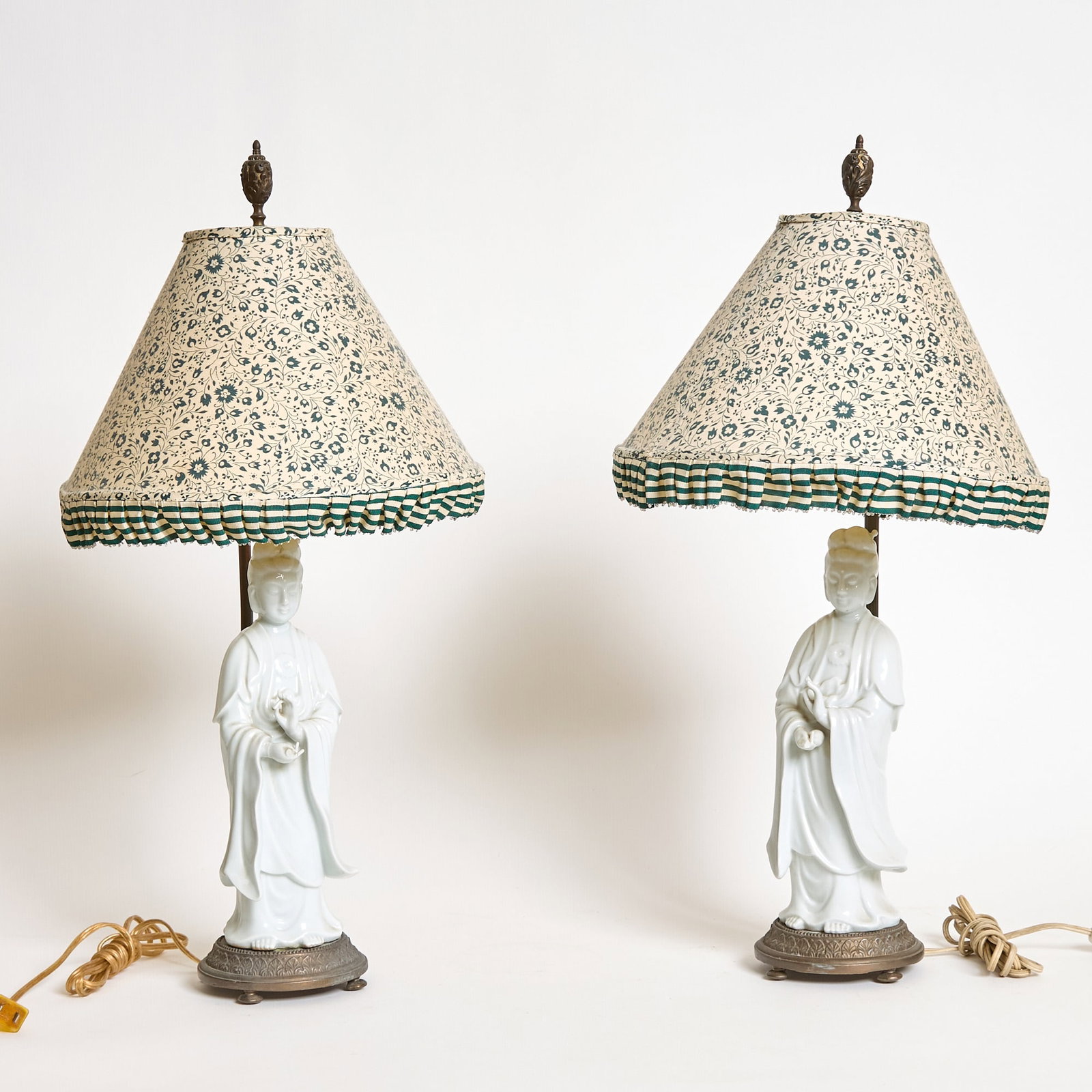 Pair of Chinese Porcelain Blanc de Chine Guanyin Lamps: Height of figures 12 inches. losses to fingers on both