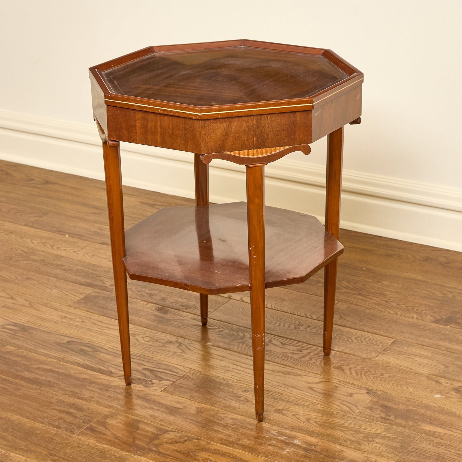 George III Style Inlaid Mahogany Side Table: Height 28 1/2 inches, diameter 23 3/4 inches. some scratches