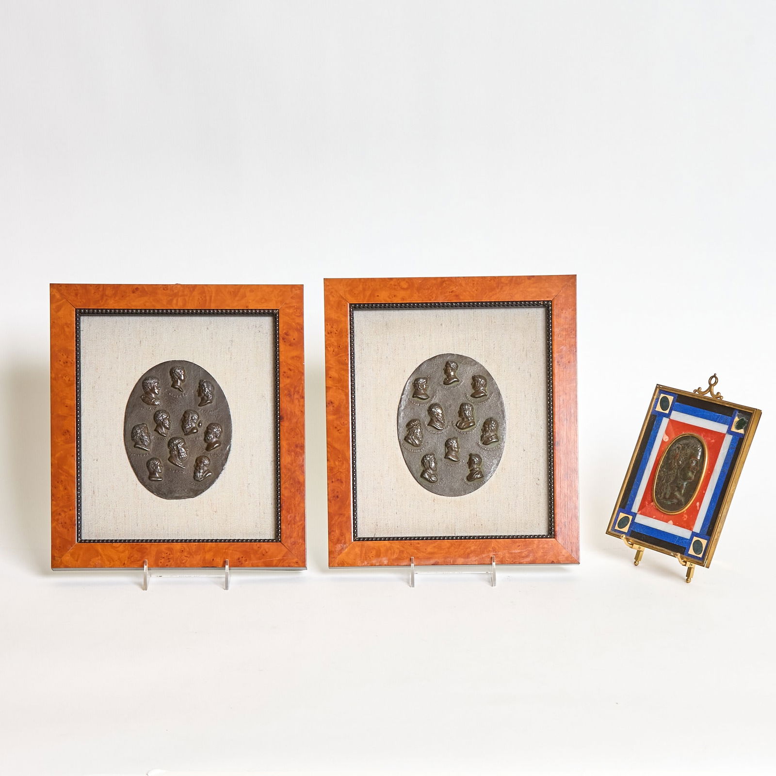 Gilt Metal Mounted Bronze and Pietra Dura Plaque of Gentleman Together with Two Framed Metal Plaques (1 of 4)