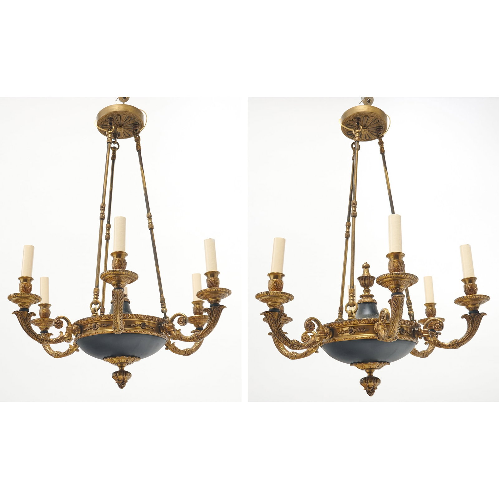 Pair of Empire Style Gilt and Black Enameled Metal Six-Light Chandeliers (1 of 6)
