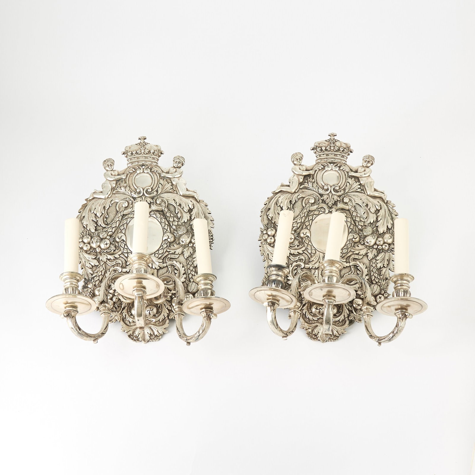 Pair of Louis XIV Style Silver Plated Three-Light Wall Sconces (1 of 2)