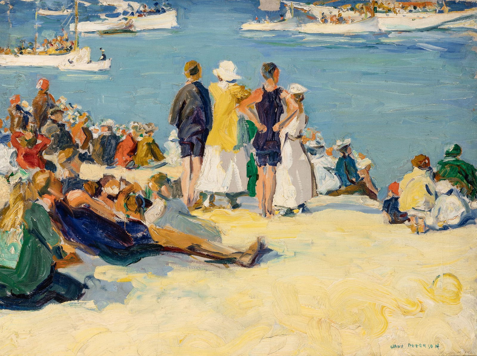 Jane Peterson: American 1876-1965Beach Scene, EdgartownSigned Jane Peterson (lr)Oil on canvas18 x 24 inches (45.7 x 61 cm) Provenance:Robert Schoelkopf Gallery, New YorkHirschl and Adler Gallery, New