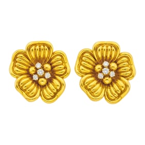 Pair of Gold and Diamond Flower Earclips