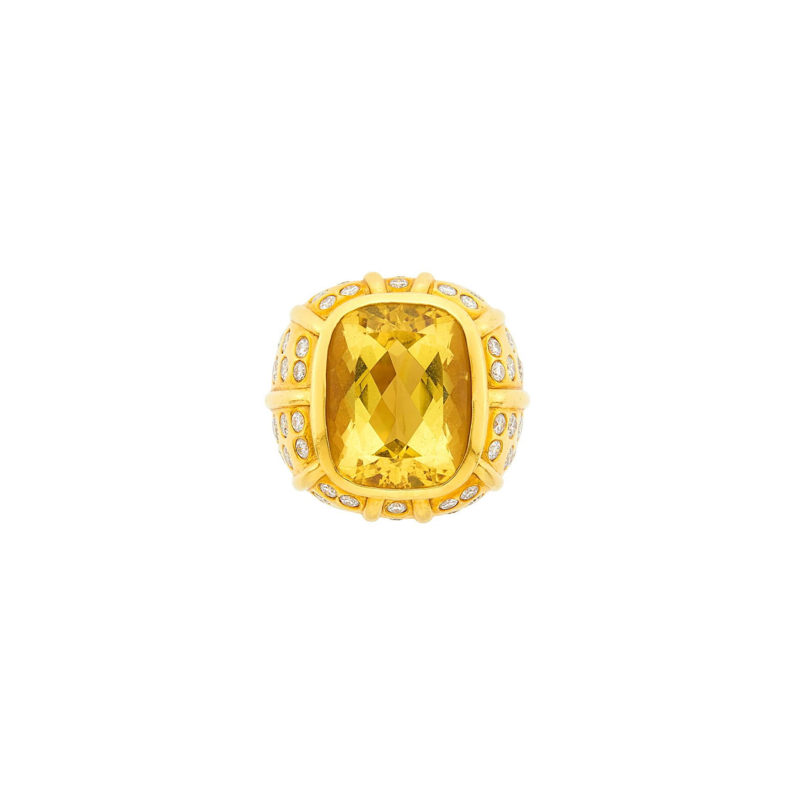 Marlene Stowe Gold, Citrine and Diamond Ring: 18 kt., one cushion-shaped modified brilliant citrine ap. 12.90 cts., 52 round diamonds ap. 2.20 cts., signed M. Stowe, ap. 13.5 dwts. Size 6 3/4. Citrine: medium yellow with grayish g