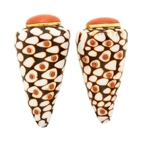 Fred Leighton Pair of Gold, Shell and Coral Clip-Brooches