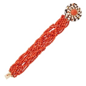 Fred Leighton Twelve Strand Coral Bead Torsade Bracelet with Gold, Shell, Coral and Diamond Clasp