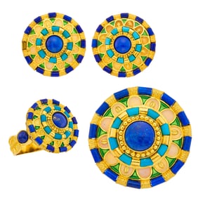 Gold, Lapis, Turquoise and Enamel Brooch, Ring and Pair of Earrings