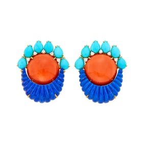 Pair of Gold, Carved Lapis, Turquoise, Coral and Diamond Earclips