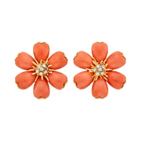 Pair of Gold, Coral and Diamond Flower Earclips