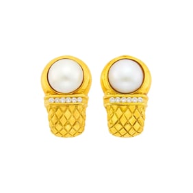 Pair of Gold, Diamond and Mabé Pearl Earclips