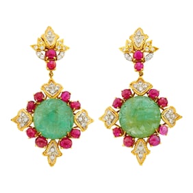 Pair of Two-Color Gold, Carved Emerald, Cabochon Ruby and Diamond Pendant-Earclips