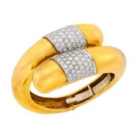 Two-Color Gold and Diamond Crossover Bangle Bracelet