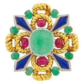 Balogh Two-Color Gold, Carved Emerald, Cabochon Ruby, Lapis and Diamond Pendant-Brooch