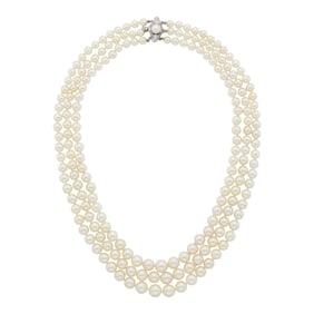 Triple Strand Cultured Pearl Necklace with Platinum, Cultured Pearl and Diamond Clasp