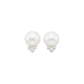 Pair of White Gold, South Sea Cultured Pearl and Diamond Earrings