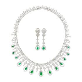 White Gold, Emerald and Diamond Necklace and Pair of Pendant-Earclips