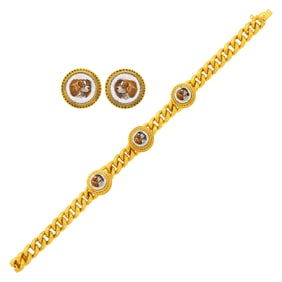 Antique Gold and Micromosaic Cavalier King Charles Dog Bracelet, France and Pair of Earrings