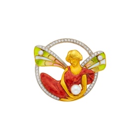 Masriera Gold, Plique-à-Jour Enamel, Cultured Pearl and Diamond 'Lunar Cradle' Pendant-Brooch