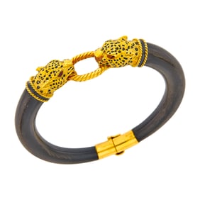 Gay Frères Gold, Wood, Black Enamel and Ruby Panther Bangle Bracelet, France