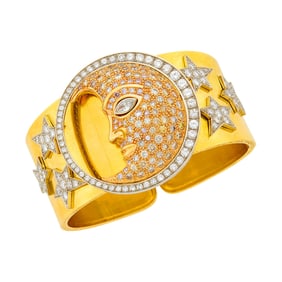 Demner Tricolor Gold, Colored Diamond and Diamond Star Cuff with Moon Clip-Brooch