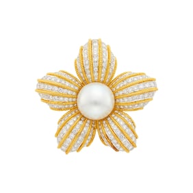 Two-Color Gold, South Sea Cultured Pearl and Diamond Flower Pendant Clip-Brooch