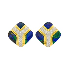 Pair of Two-Color Gold, Azurmalachite and Diamond Earclips