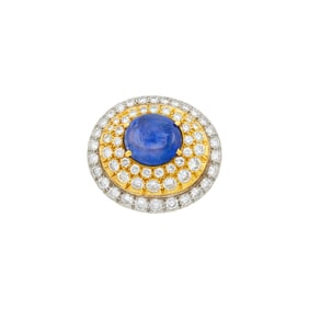 Two-Color Gold, Cabochon Sapphire and Diamond Clip-Brooch