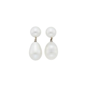 Pair of White Gold and Cultured Pearl Pendant-Earrings