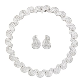 White Gold and Diamond Necklace and Pair of Earrings
