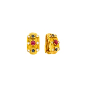 Ilias Lalaounis Pair of Gold, Cabochon Ruby, Sapphire and Diamond Earclips