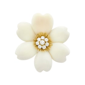 Carved White Coral, Gold and Diamond Flower Clip-Brooch