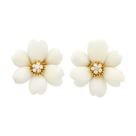 Pair of Carved White Coral, Gold and Diamond Flower Earclips