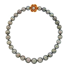 Gray Tahitian Pearl Necklace with Gold and Diamond Flower Clasp